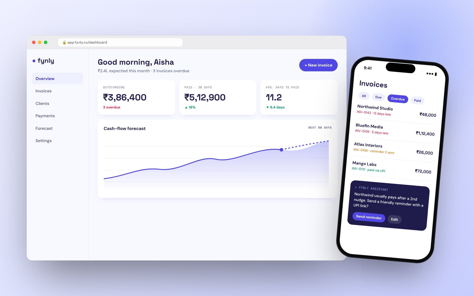 Fynly — Invoicing that chases itself (concept mockup)