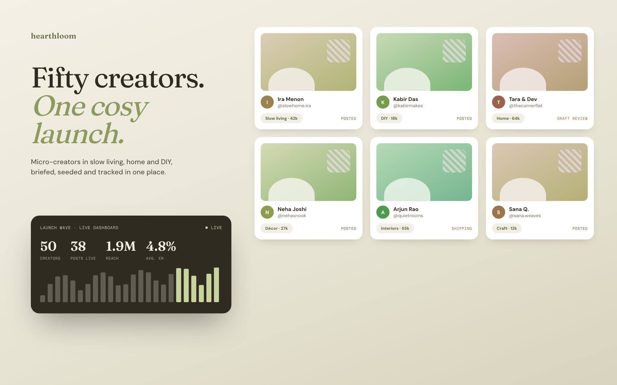 Hearthloom — Fifty creators, one cosy launch (concept mockup)