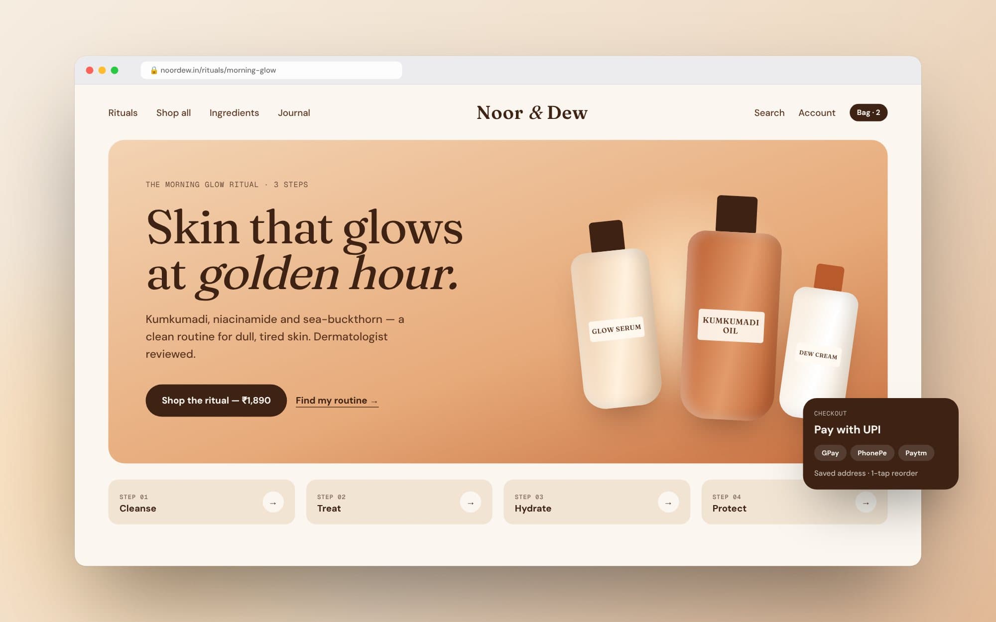 Noor & Dew — A storefront that feels like golden hour (concept mockup)