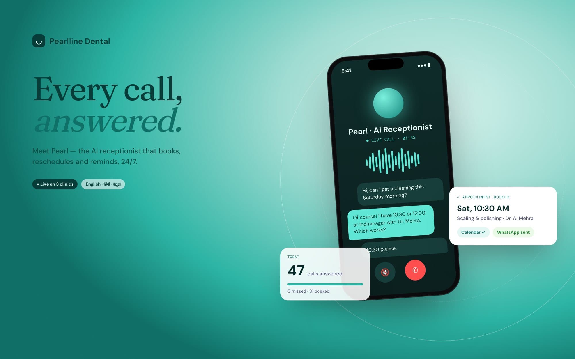 Pearlline Dental — Pearl, the 24/7 AI receptionist (concept mockup)